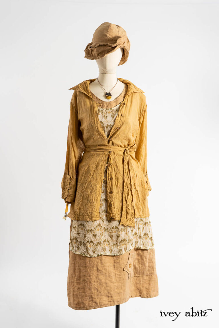 Pierrepont Shirt in Art Nouveau Washed Voile; River Frock in Art Nouveau Washed Voile; Baedeker Frock in Art Nouveau Washed Crushed Weave; Hapgood Hat in Art Nouveau Washed Crushed Weave; Renaissance Necklace.