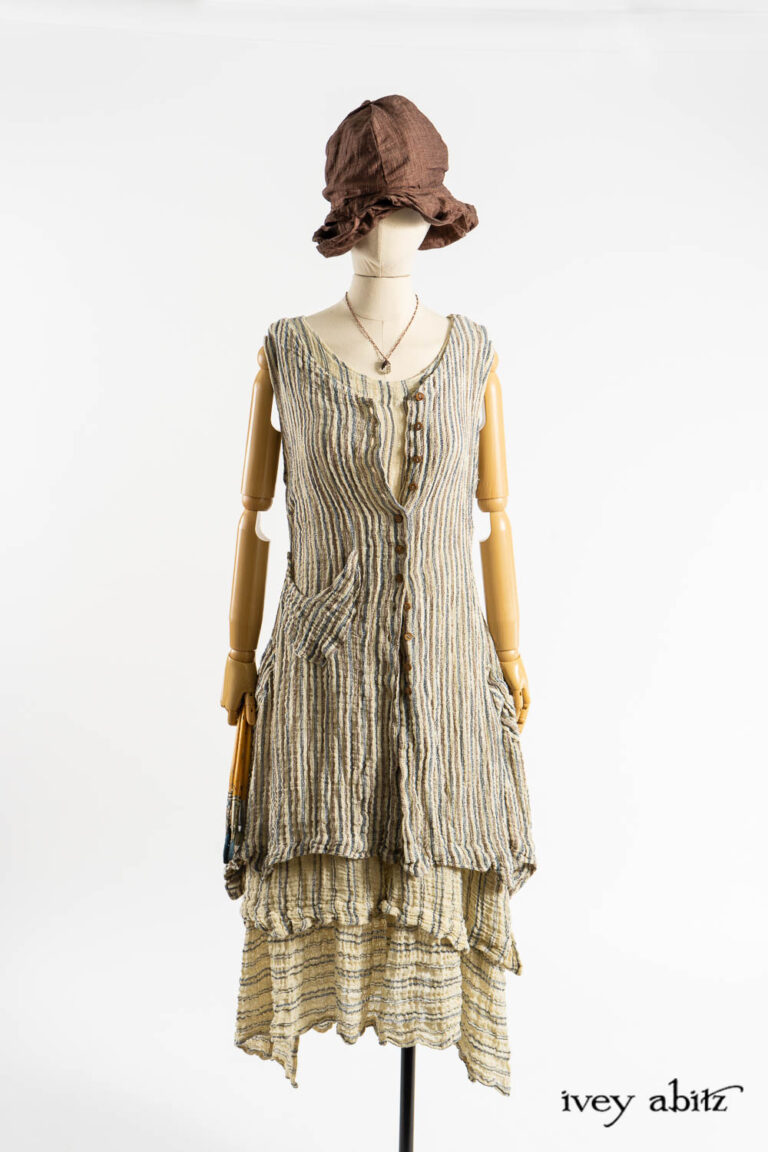 Ellis Frock in Academic and Realism Rustic Stripe; Libert&eacute; Frock in Academic Rustic Stripe; Cilla Slip Frock in Dada Silkiest Knit; Hapgood Hat in Realism Crushed Weave; Nouvelle Necklace.