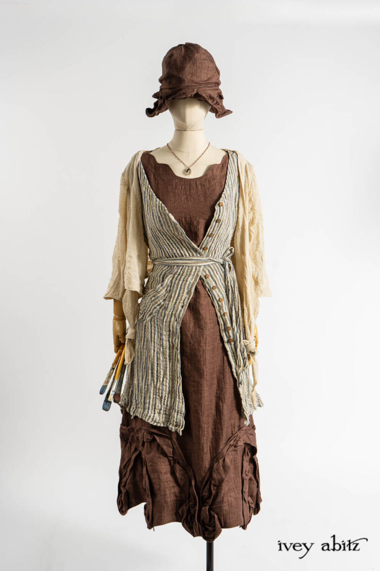Bartholdi Frock in Realism Crushed Weave; Ellis Frock in Academic and Realism Rustic Stripe; Bartholdi Frock in Realism Crushed Weave; Vallonn&eacute; Jacket in Baroque Crushed Netted Knit; Hapgood Hat in Realism Crushed Weave; Nouvelle Necklace.