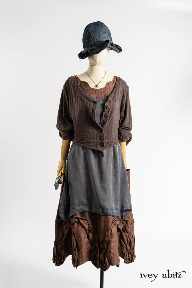 Libert&eacute; Jacket in Realism Embroidered Stripe Knit; Bedloe Frock in Academic Breezy Weave; Bartholdi Frock in Realism Crushed Weave; Hapgood Hat in Academic Finest Everyday Weave; Nouvelle Necklace.