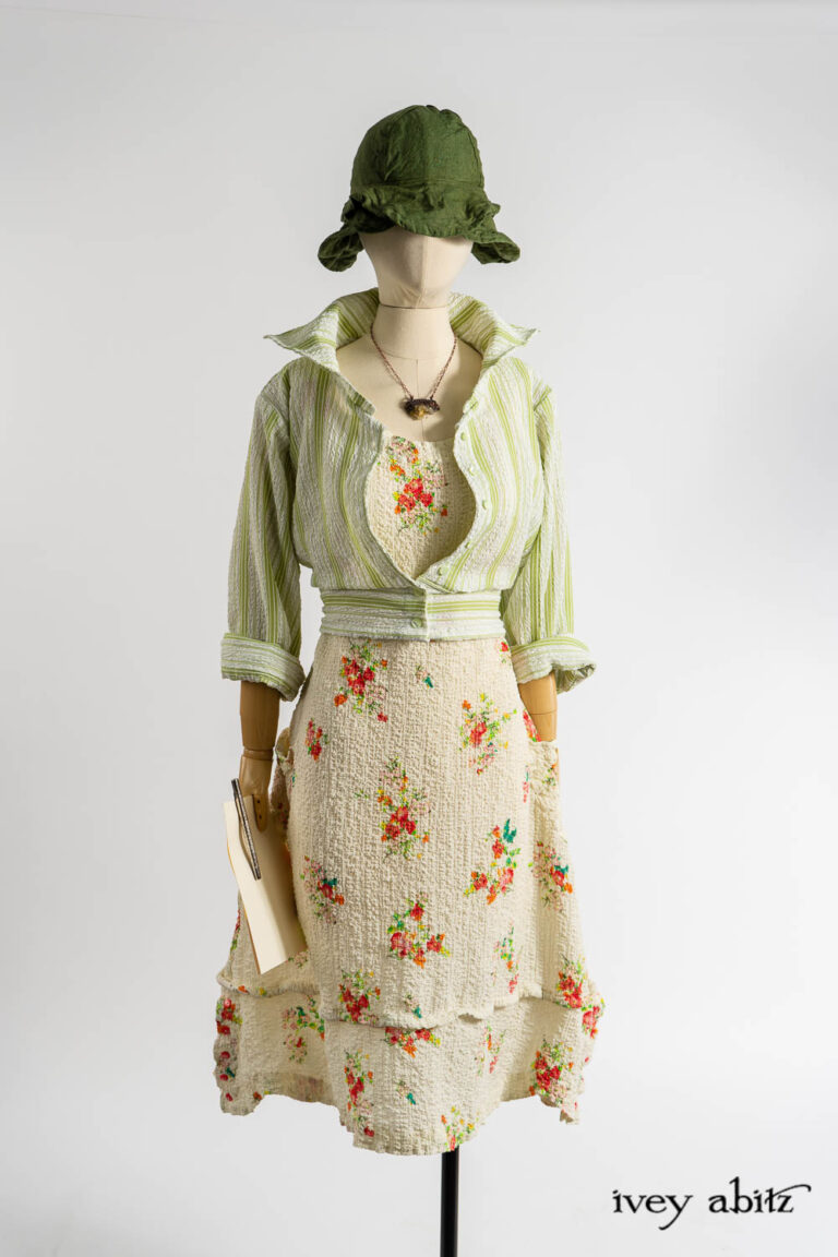 Eugenia Jacket in Impressionism Puckered Stripe Weave; Hapgood Hat in Renaissance Saturated Weave; Harrison Frock in Impressionism Floral Puckered Stretch Weave; Renaissance Necklace.