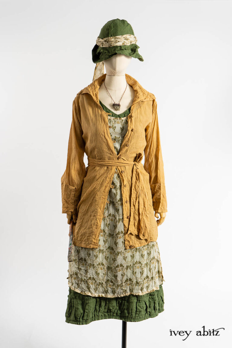 Pierrrepont Shirt in Art Nouveau Washed Voile; Renaissance Necklace; River Frock in Art Nouveau Floral Silk Chiffon; Hapgood Hat in Renaissance Saturated Weave; Fairholme Sash in Art Nouveau Floral Silk Chiffon; Manor Frock in Renaissance Saturated Weave.