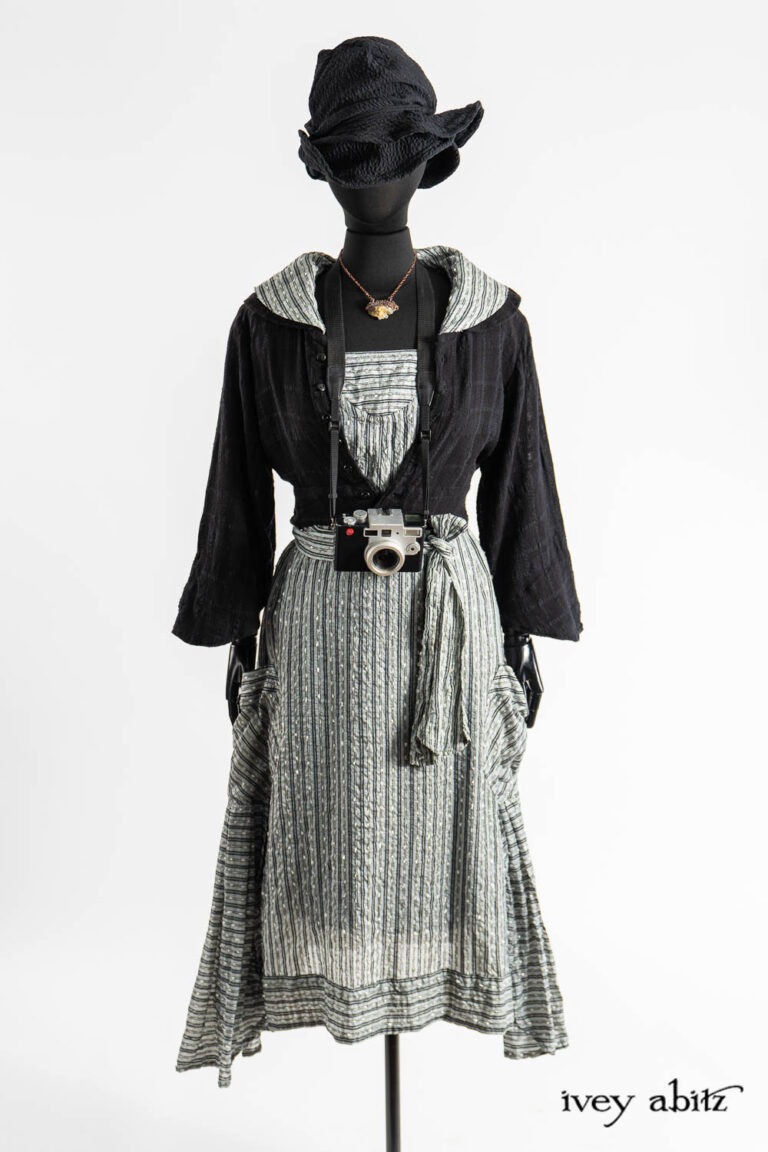 Beacon Frock in Post Modern Embroidered Stripe Silk Voile; Cilla Slip Frock in Dada Silkiest Knit; Beacon Jacket in Post Modern Embroidered Plaid Challis; Hapgood Hat in Post Modern Puckered Wispy Weave; Renaissance Necklace.