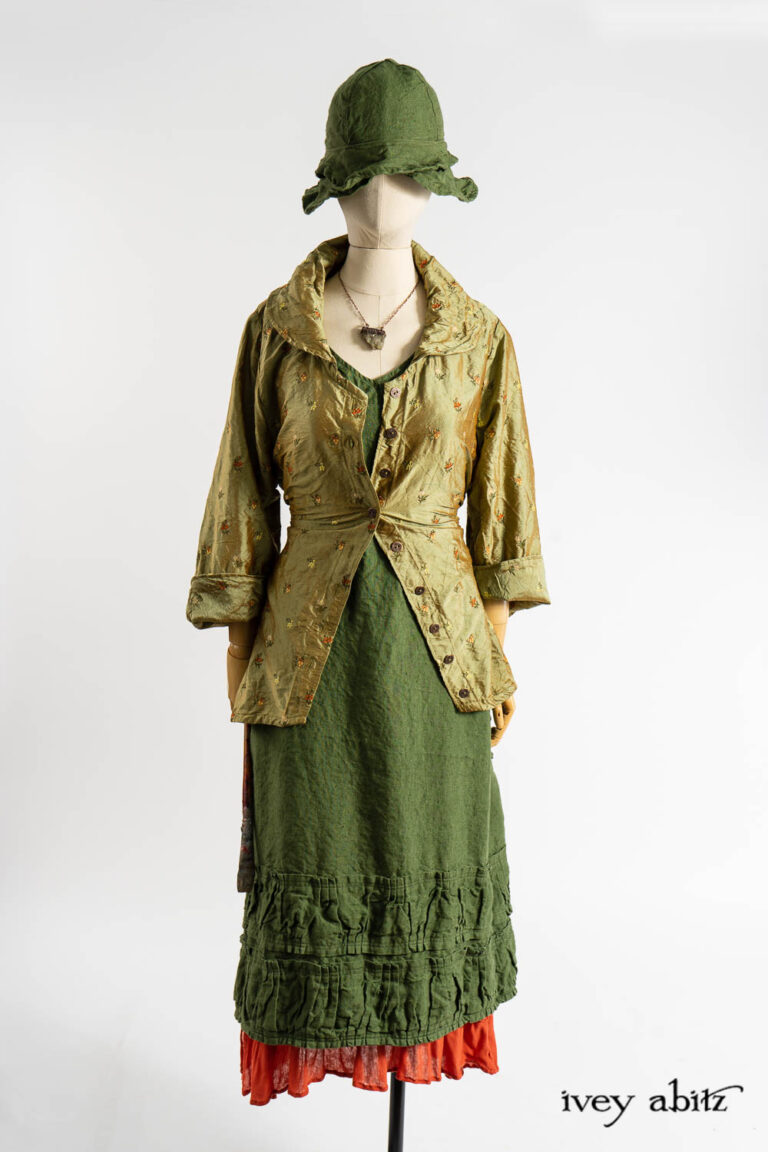 Elmsford Jacket in Renaissance Floral Embroidered Washed Silk; Manor Frock in Renaissance Saturated Weave; Essentielle Frock in Fauvist Ethereal Knit; Hapgood Hat in Renaissance Saturated Weave; Renaissance Necklace.