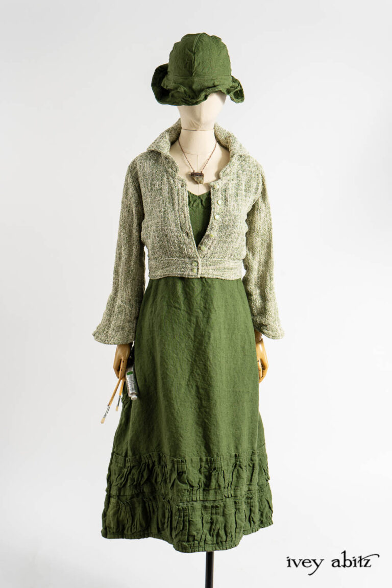 Eugenia Jacket in Impressionism Soutache Weave; Manor Frock in Renaissance Saturated Weave; Renaissance Necklace; Hapgood Hat in Renaissance Saturated Weave.