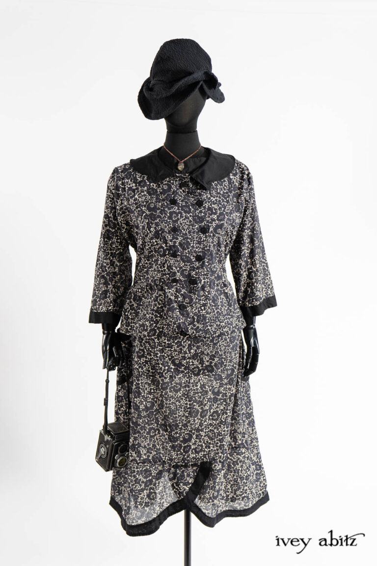 Sennen Jacket in Post Modern Floral Ethereal Weave; Sennen Frock in Post Modern Floral Ethereal Weave; Hapgood Hat in Post Modern Puckered Wispy Weave; Cilla Slip Frock in Dada Silkiest Knit; Nouvelle Necklace.