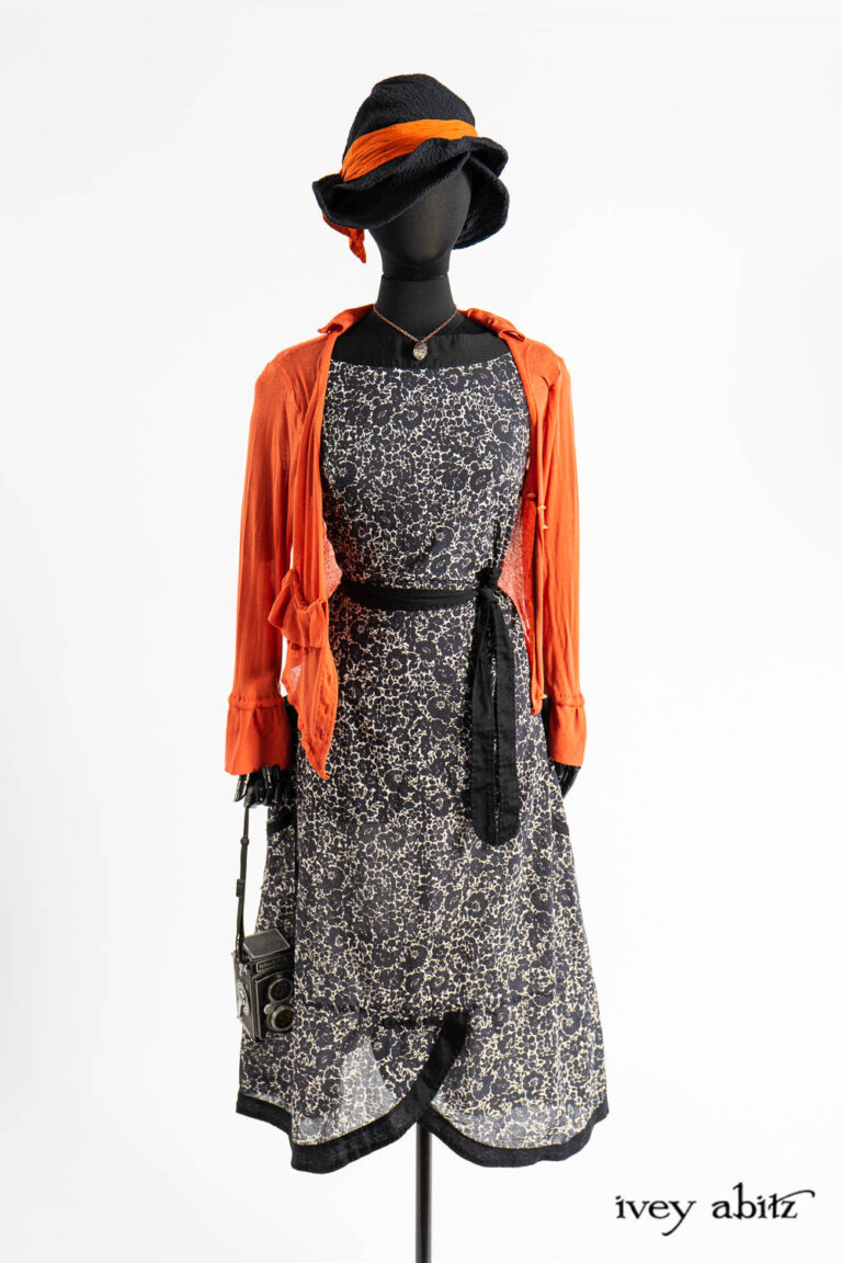 Sennen Frock in Post Modern Floral Ethereal Weave; Hapgood Hat in Post Modern Black Puckered Wispy Weave; Clotaire Sash in Fauvist Washed Voile; Cilla Slip Frock in Dada Silkiest Knit; Cozette Cardigan in Fauvist Ethereal Knit; Nouvelle Necklace.