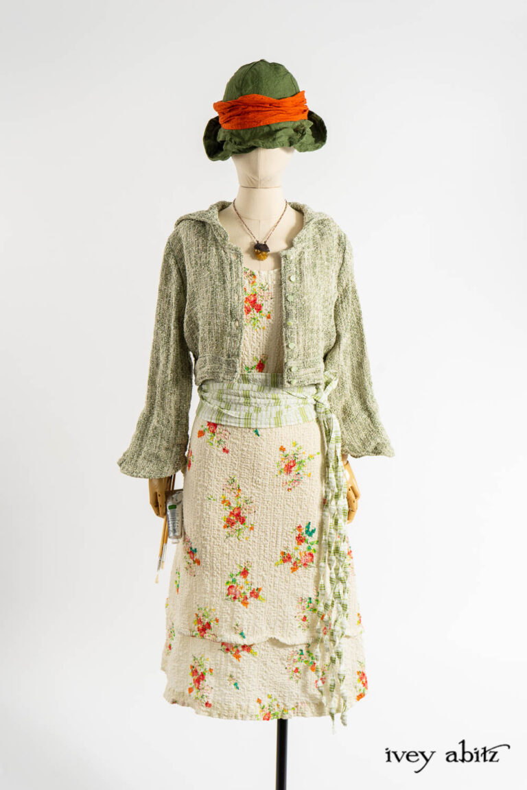 Hapgood Hat in Renaissance Saturated Weave; Clotaire Sash in Fauvist Washed Voile; Renaissance Necklace; Eugenia Jacket in Impressionism Soutache Weave; Porte Cochere Sash in Impressionism Puckered Stripe Weave; Harrison Frock in Impressionism Floral Puckered Stretch Weave; Cilla Slip Frock in Dada Silkiest Knit.