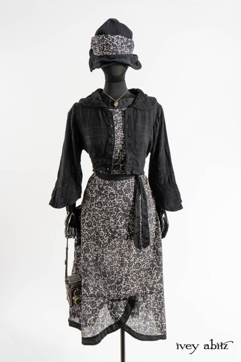 Beacon Jacket in Post Modern Embroidered Plaid Challis; Eleanora Sash in Post Modern Floral Ethereal Weave; Sennen Frock in Post Modern Floral Ethereal Weave; Cilla Slip Frock in Dada Silkiest Knit; Hapgood Hat in Post Modern Puckered Wispy Weave; Nouvelle Necklace.