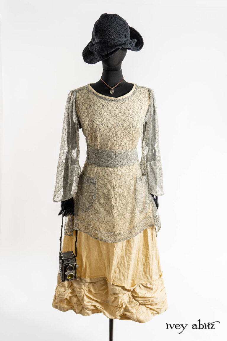 Bramley Dress in Post Modern Bold Puckered Plaid; Fitzgerald Frock in Baroque Textured Stretch Weave; Nouvelle Necklace; Hapgood Hat in Post Modern Puckered Wispy Weave; Cilla Slip Frock in Dada Silkiest Knit.