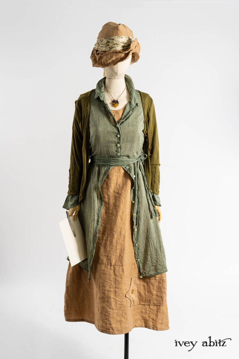 Mercer Cardigan in Renaissance Ethereal Knit; Morningside Duster Coat in Impressionism Washed Voile; Baedeker Frock in Art Nouveau Crushed Weave; Hapgood Hat in Art Nouveau Crushed Weave; Vanetten Sash in Art Nouveau Floral Silk Chiffon; Renaissance Necklace.