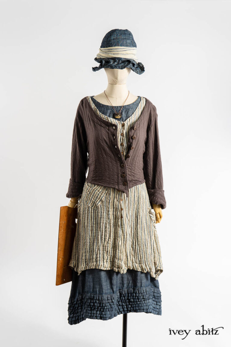 Libert&eacute; Jacket in Realism Embroidered Stripe Knit; Ellis Frock in Academic and Realism Rustic Stripe; Thatched Frock in Academic Finest Everyday Weave; Hapgood Hat in Academic Finest Everyday Weave; Clotaire Sash in Academic Rustic Stripe; Nouvelle Necklace.