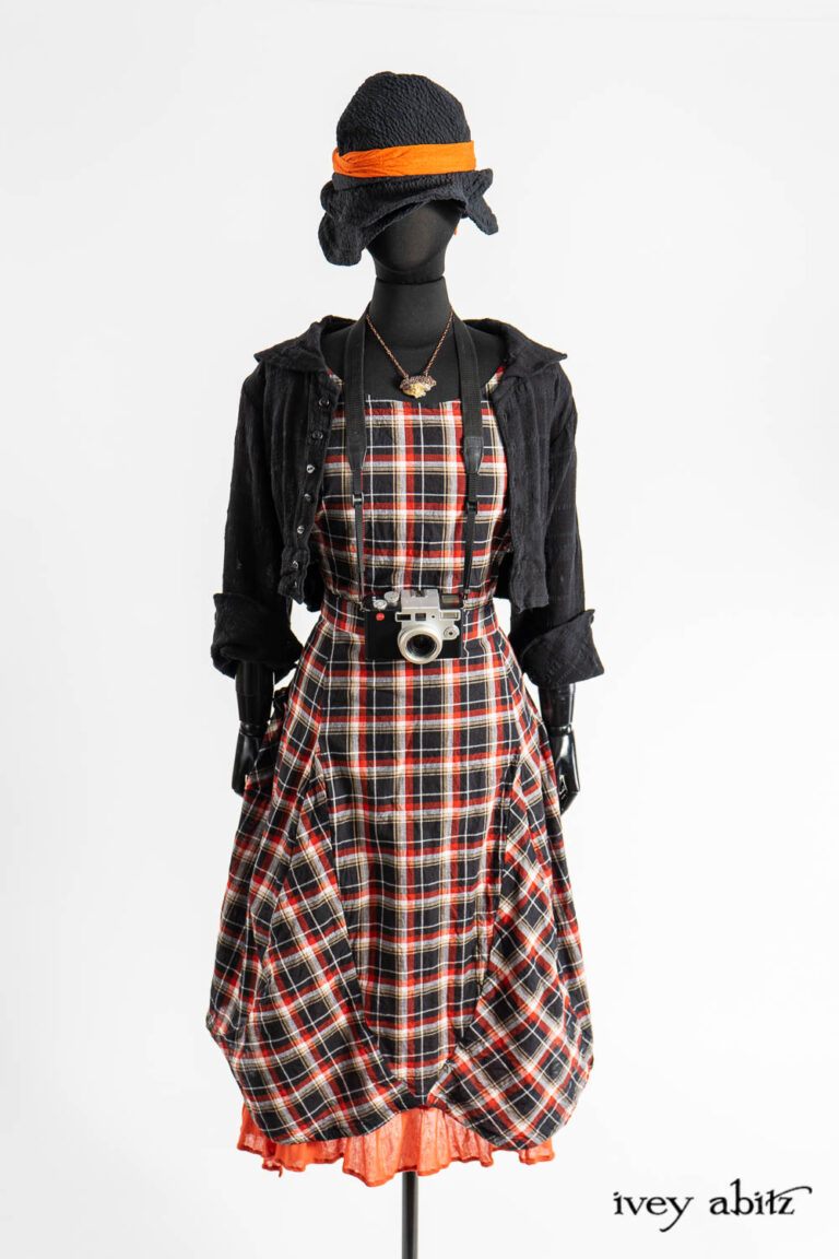 Addy Frock in Post Modern and Fauvist Wispy Plaid; Essentielle Frock in Fauvist Ethereal Knit; Beacon Jacket in Post Modern Embroidered Plaid Challis; Hapgood Hat in Post Modern Puckered Wispy Weave; Clotaire Sash in Fauvist Washed Voile; Renaissance Necklace.