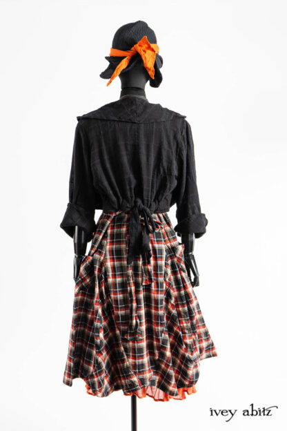 Addy Frock in Post Modern and Fauvist Wispy Plaid; Essentielle Frock in Fauvist Ethereal Knit; Beacon Jacket in Post Modern Embroidered Plaid Challis; Hapgood Hat in Post Modern Puckered Wispy Weave; Clotaire Sash in Fauvist Washed Voile; Renaissance Necklace.