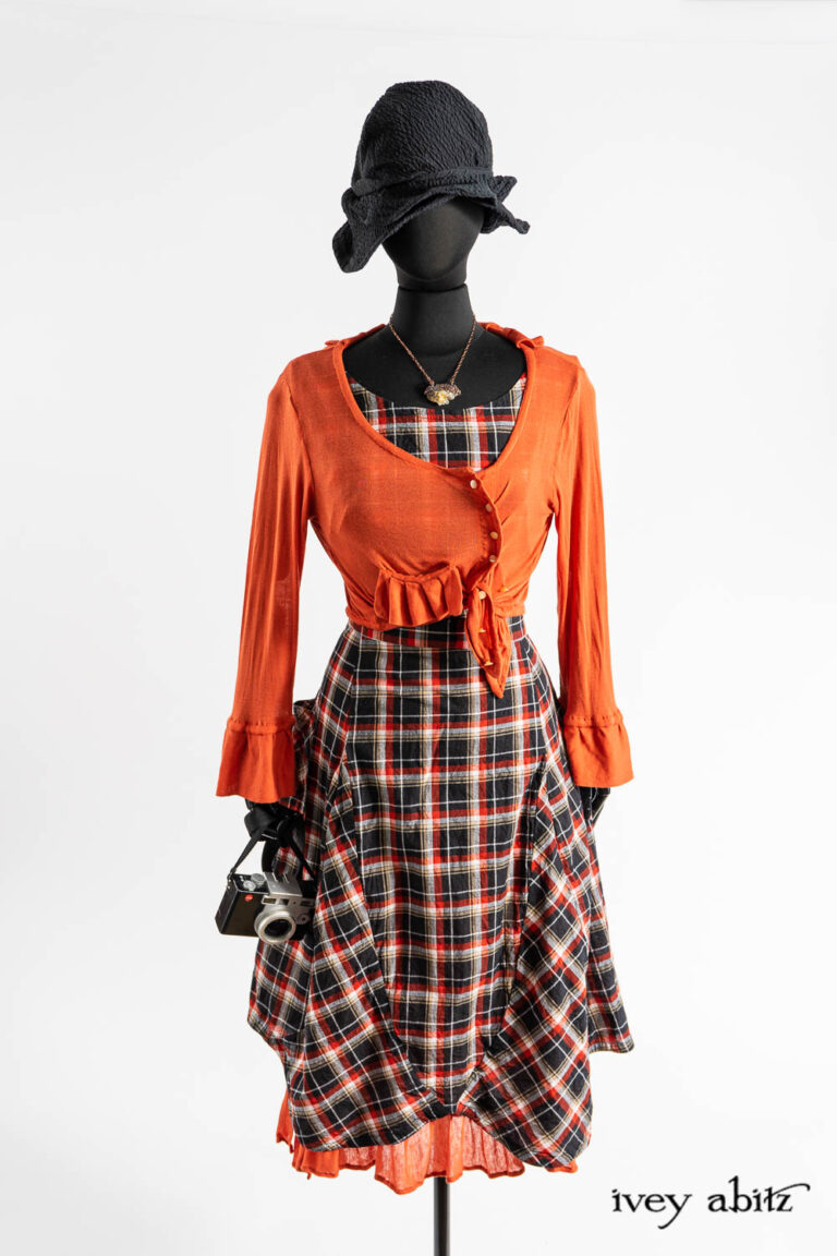 Cozette Cardigan in Fauvist Ethereal Knit; Addy Frock in Post Modern and Fauvist Wispy Plaid; Essentielle Frock in Fauvist Ethereal Knit; Hapgood Hat in Post Modern Puckered Wispy Weave; Renaissance Necklace.