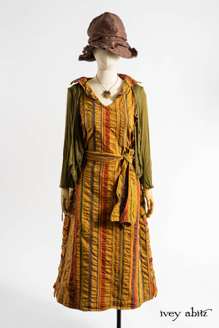 Limited Edition Etta Frock in Medieval Puckered Stripe; Mercer Cardigan in Renaissance Ethereal Knit; Renaissance Necklace; Hapgood Hat in Realism Crushed Weave.