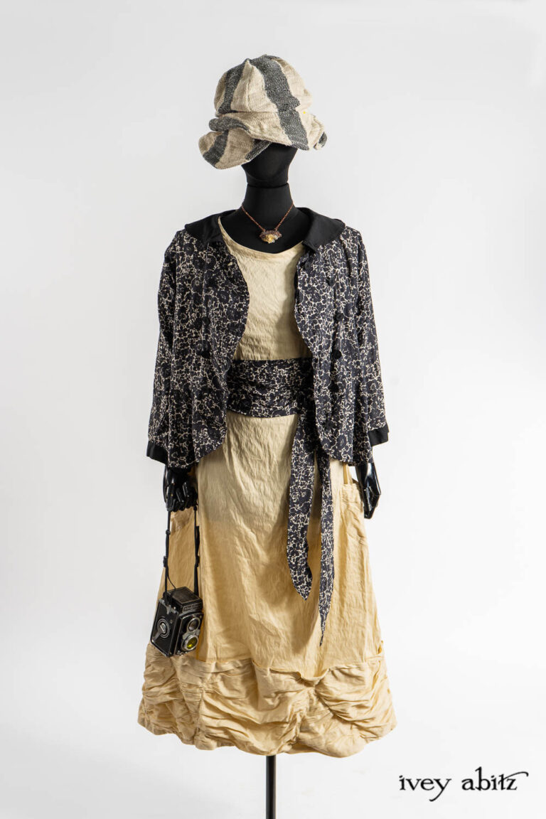 Sennen Jacket in Post Modern Floral Ethereal Weave; Hapgood Hat in Post MOdern Old World Stripe; Renaissance Necklace; Eleanora Sash in Post Modern Floral Ethereal Weave; Fitzgerald Frock in Baroque Textured Stretch Weave.