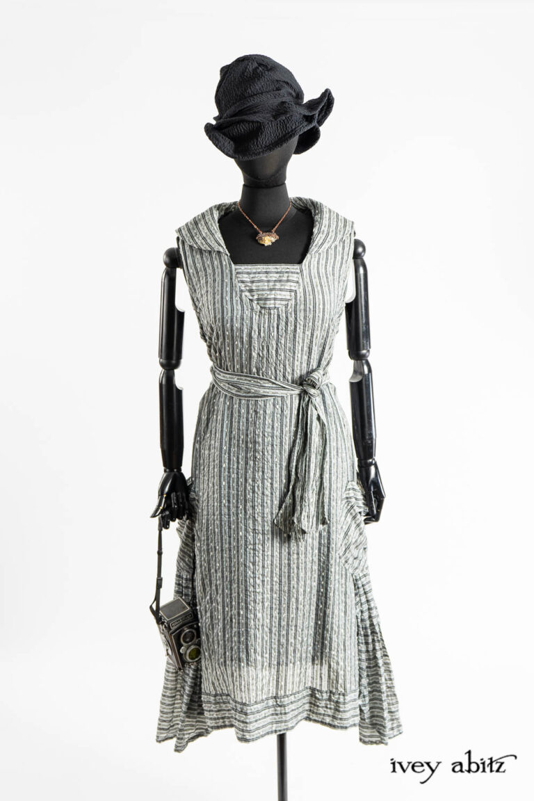 Beacon Frock in Post Modern Embroidered Stripe Silk Voile; Cilla Slip Frock in Dada Silkiest Knit; Hapgood Hat in Post Modern Puckered Wispy Weave; Renaissance Necklace.