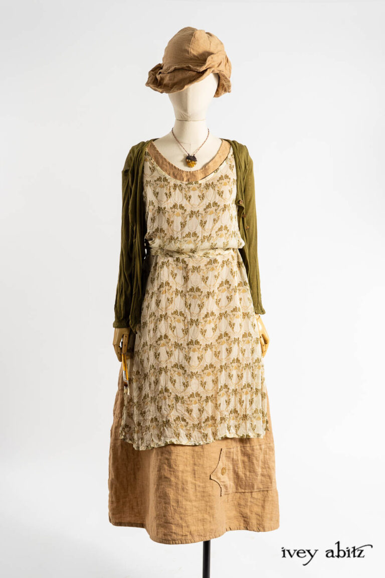 Mercer Cardigan in Renaissance Ethereal Knit; River Frock in Art Nouveau Floral Silk Chiffon; Fairholme Sash in Art Nouveau Floral Silk Chiffon; Baedeker Frock in Art Nouveau Washed Crushed Weave; Hapgood Hat in Art Nouveau Washed Crushed Weave; Renaissance Necklace.