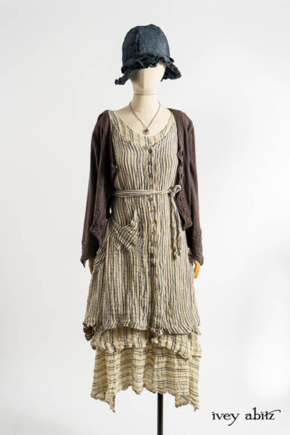 Liberté Jacket in Realism Embroidered Stripe Knit; Ellis Frock in Academic and Realism Rustic Stripe; Liberté Frock in Academic Rustic Stripe; Hapgood Hat in Academic Finest Everyday Weave; Nouvelle Necklace.