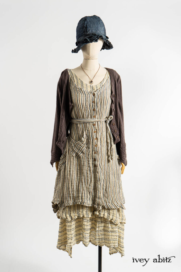 Libert&eacute; Jacket in Realism Embroidered Stripe Knit; Ellis Frock in Academic and Realism Rustic Stripe; Libert&eacute; Frock in Academic Rustic Stripe; Hapgood Hat in Academic Finest Everyday Weave; Nouvelle Necklace.