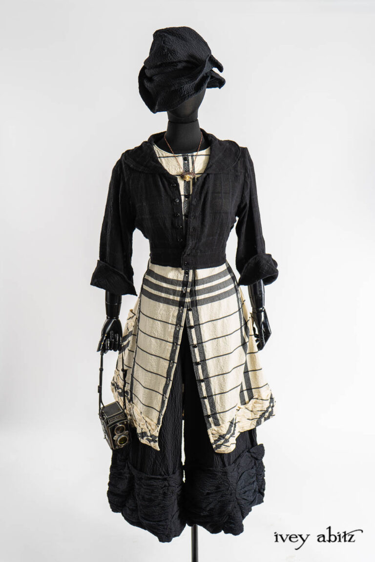 Beacon Jacket in Post Modern Embroidered Plaid Challis; Mewland Vest in Post Modern Bold Puckered Plaid; Fitzgerald Trousers in Post Modern Puckered Wispy Weave; Renaissance Necklace; Hapgood Hat in Post Modern Puckered Wispy Weave.