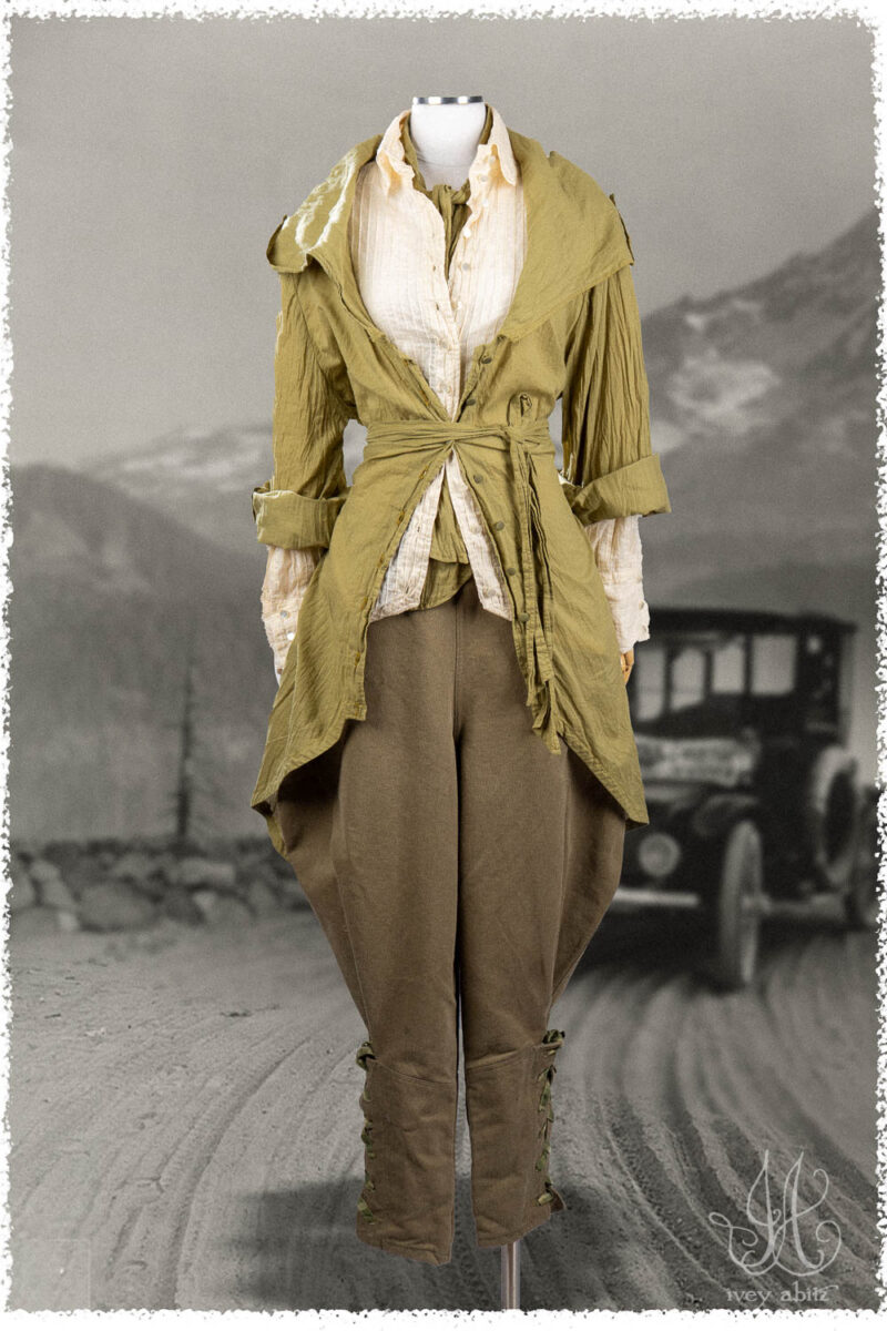 Ivey Abitz Summer 2025 Look 10 Henrietta Duster Coat in Garden Washed Voile; Truitt Shirt in Cottage Cream Pintucked Voile; Chevallier Trousers in Garden Ribbed Washed Twill.