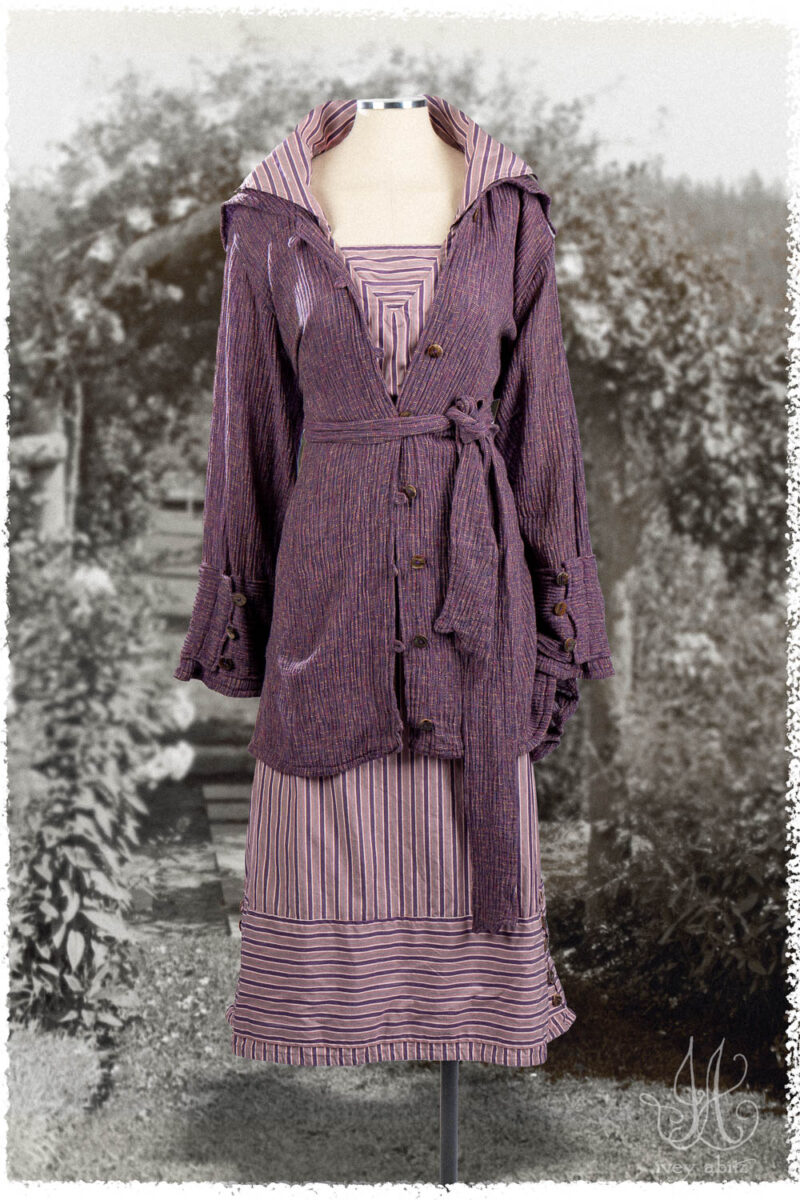 Pierrepont Shirt in Lavender Variegated Crinkled Weave; Viv Frock in Lavender Smart Stripe Weave; Cilla Slip Frock in Everyday Ribbed Knit. Background image: Benventuo, Robert Pim Butchart house, 800 Benvenuto Avenue, Central Saanich, British Columbia, Canada. Rose arbor] [1923 spring] Johnston, Frances Benjamin, 1864-1952