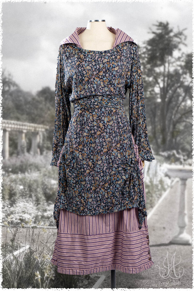 Ivey Abitz Summer 2025 Look 15 Delphine Dress in Voyage Floral Crinkled Chiffon; Viv Frock in Lavender Smart Stripe Weave.