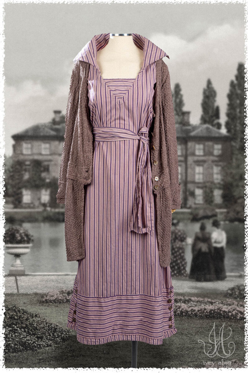 Ivey Abitz Summer 2025 Look 19 Viv Frock in Lavender Smart Stripe Weave; Campanella Shirt Jacket in Lavender Puckered Knit.