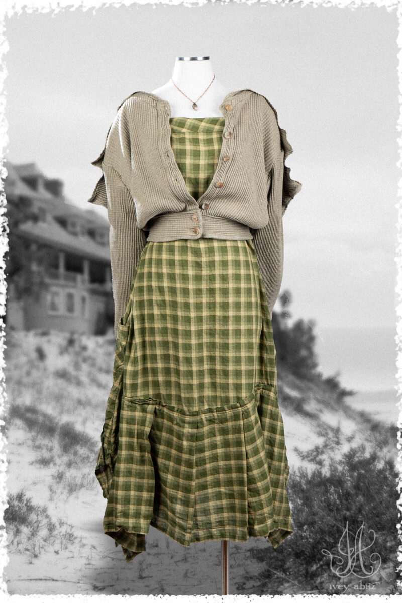 Ivey Abitz Summer 2025 Look 2 Roycroft Cardigan in Garden Ribbed Knit; Morris Frock in Garden Washed Plaid; Nouvelle Necklace.