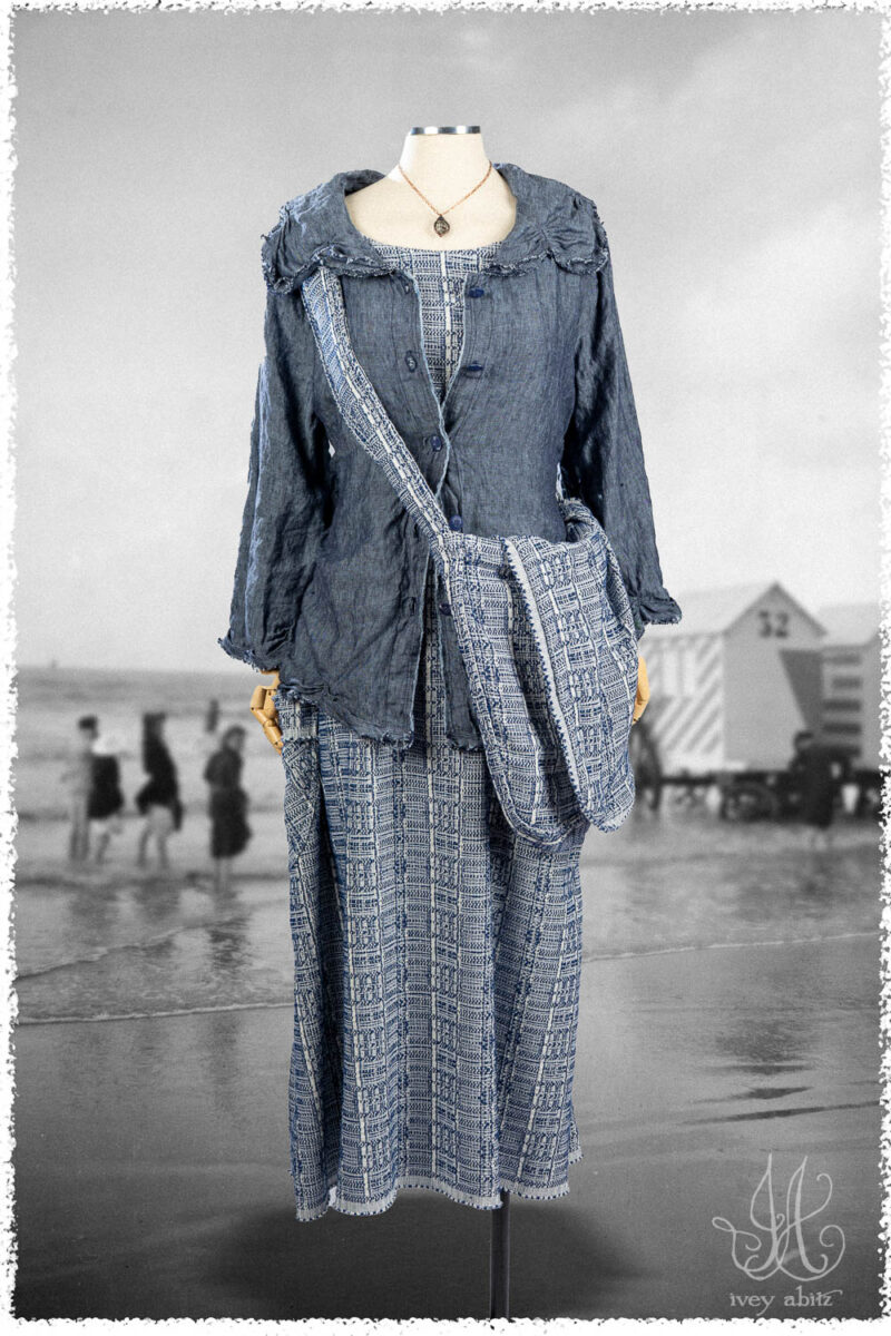 Ivey Abitz Summer 2025 Look 23 Celia Shirt in Seasdie Washed Weave; Limited Edition Reversible Solomon Bag in Seaside Embroidered Plaid; Limited Edition Covante Frock in Seaside Embroidered Plaid; Nouvelle Necklace.