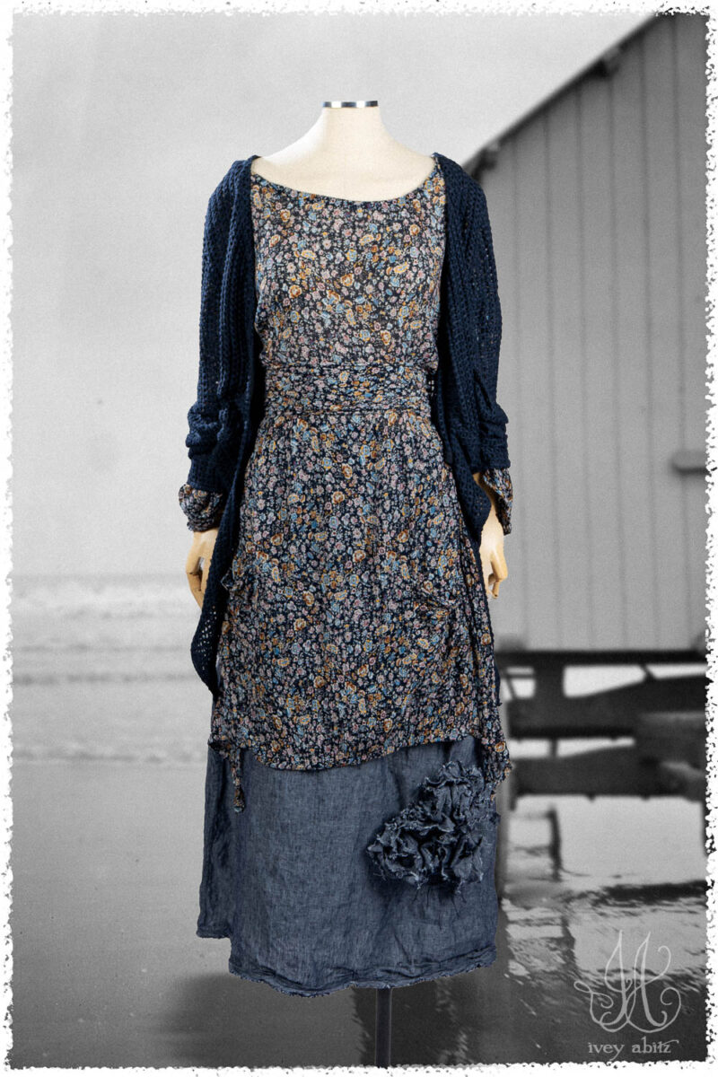 Ivey Abitz Summer 2025 Look 25 Delphine Dress in Voyage Floral Crinkled Silk Chiffon; Wright Cardigan in Seaside Open Weave Knit; Celia Skirt in Seaside Washed Weave; Cilla Slip Frock in Everyday Ribbed Knit.