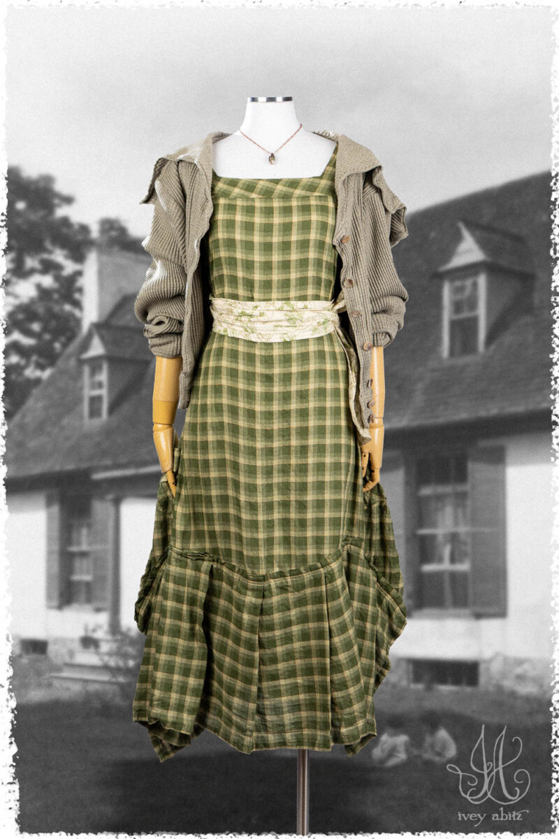 Ivey Abitz Summer 2025 Look 3 Roycroft Cardigan in Garden Ribbed Knit; Blanchefleur Sash in Garden Floral Washed Weave; Morris Frock in Garden Washed Plaid; Nouvelle Necklace.