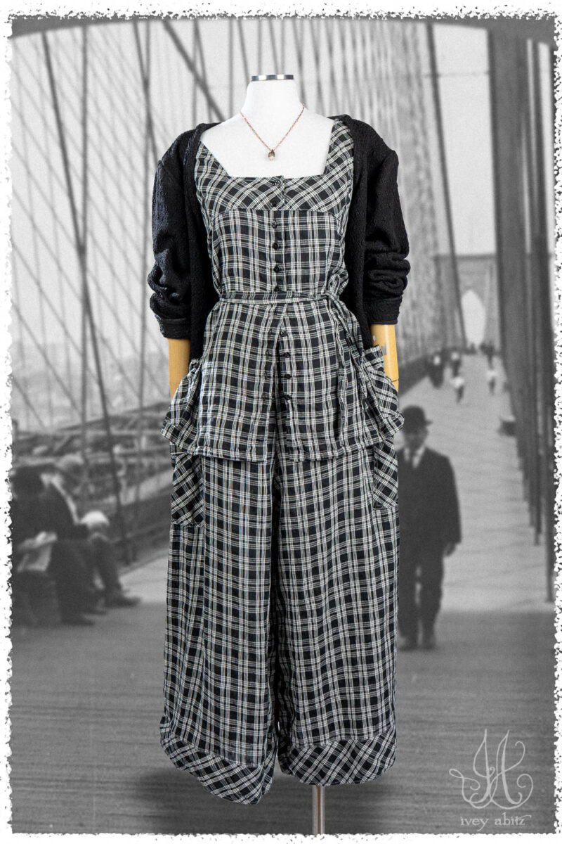 Ivey Abitz Summer 2025 Look 32 Wright Cardigan in Black Puckered Knit; Roycroft Vest in Black and White Washed Plaid; Roycroft Trousers in Black and White Soft Plaid; Nouvelle Necklace.