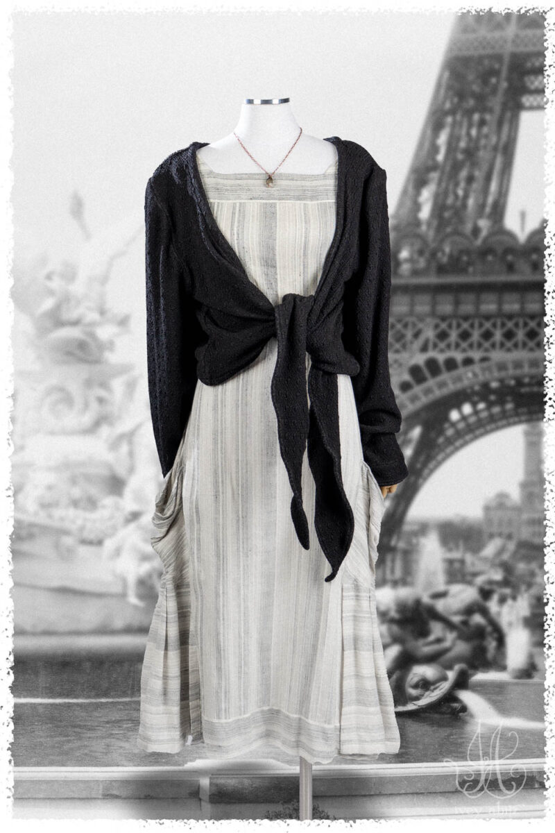 Ivey Abitz Summer 2025 Look 34 Wright Cardigan in Black Puckered Knit; Roycroft Frock in Black and White Variegated Washed Stirpe; Nouvelle Necklace.