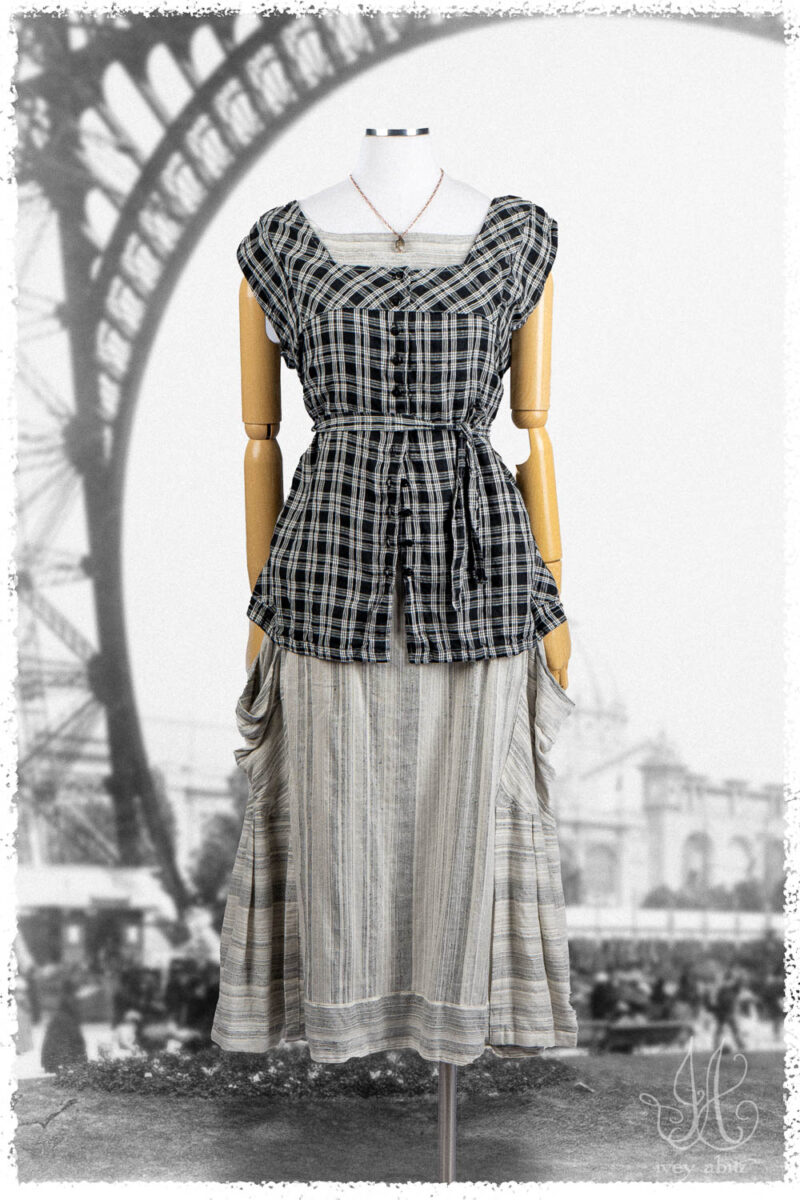 Ivey Abitz Summer 2025 Look 37 Roycroft Vest in Black and White Soft Plaid; Roycroft Frock in Black and White Variegated Washed Stripe; Cilla Slip Frock in Everyday Ribbed Knit; Nouvelle Necklace.