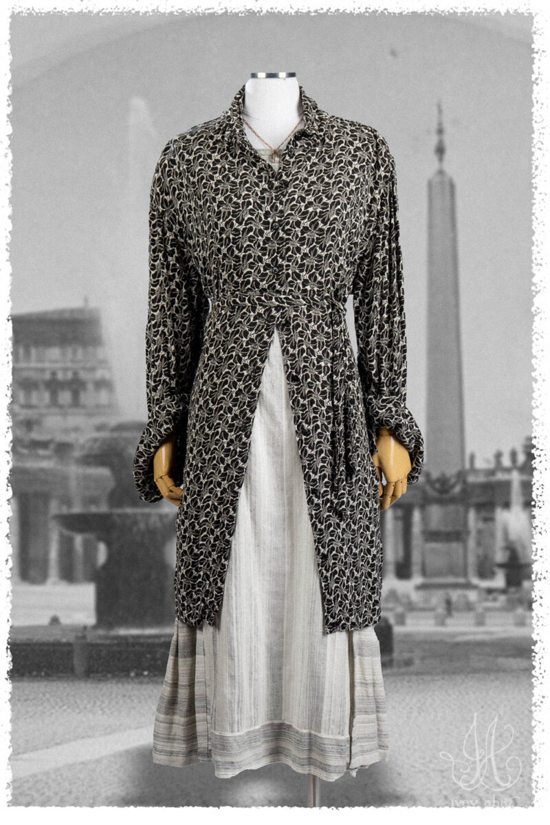 Ivey Abitz Summer 2025 Look 38 Vanetten Shirt in Black Floral Soft Crepe; Roycroft Frock in Black and White Variegated Washed Stripe; Nouvelle Necklace.