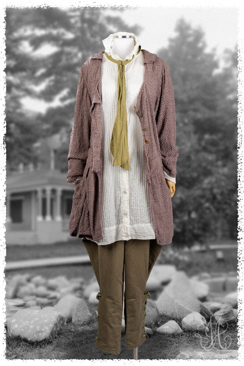 Ivey Abitz Summer 2025 Look 43 Campanella Shirt Jacket in Lavender Puckered Knit; Vanetten Shirt in Signature Everyday Pintucked Voiile; Fitz Necktie in Garden Washed Voile; Chevallier Trousers in Garden Ribbed Washed Twill.