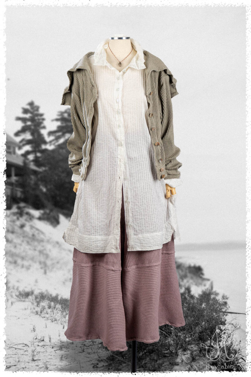 Ivey Abitz Summer 2025 Look 44 Roycroft Cardigan in Garden Ribbed Knit; Vanetten Shirt in Signature Everyday Pintucked Voile; Campanella Culottes in Lavender Ribbed Knit; Nouvelle Necklace.