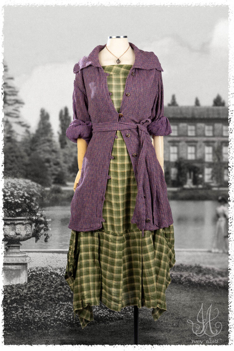 Ivey Abitz Summer 2025 Look 45 Pierrepont Shirt in Lavender Variegated Crinkled Weave; Morris Frock in Garden Washed Plaid; Nouvelle Necklace.