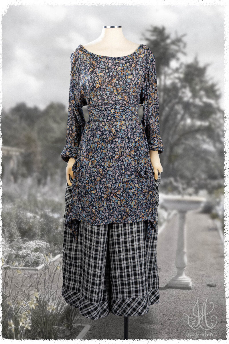 Ivey Abitz Summer 2025 Look 47 Delphine Dress in Voyage Floral Silk Chiffon; Roycroft Trousers in Black and White Washed Plaid.
