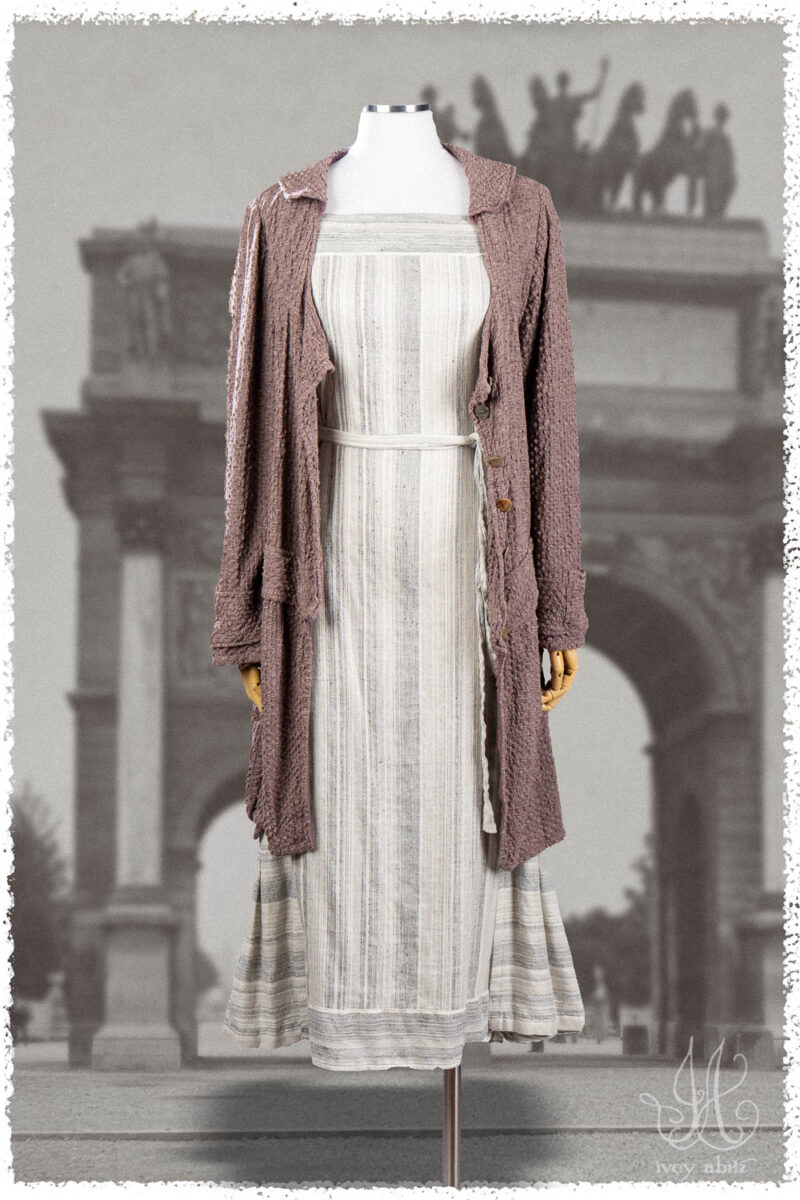 Ivey Abitz Summer 2025 Look 48 Campanella Shirt Jacket in Lavender Puckered Knit; Roycroft Frock in Black and White Variegated Washed Stripe.