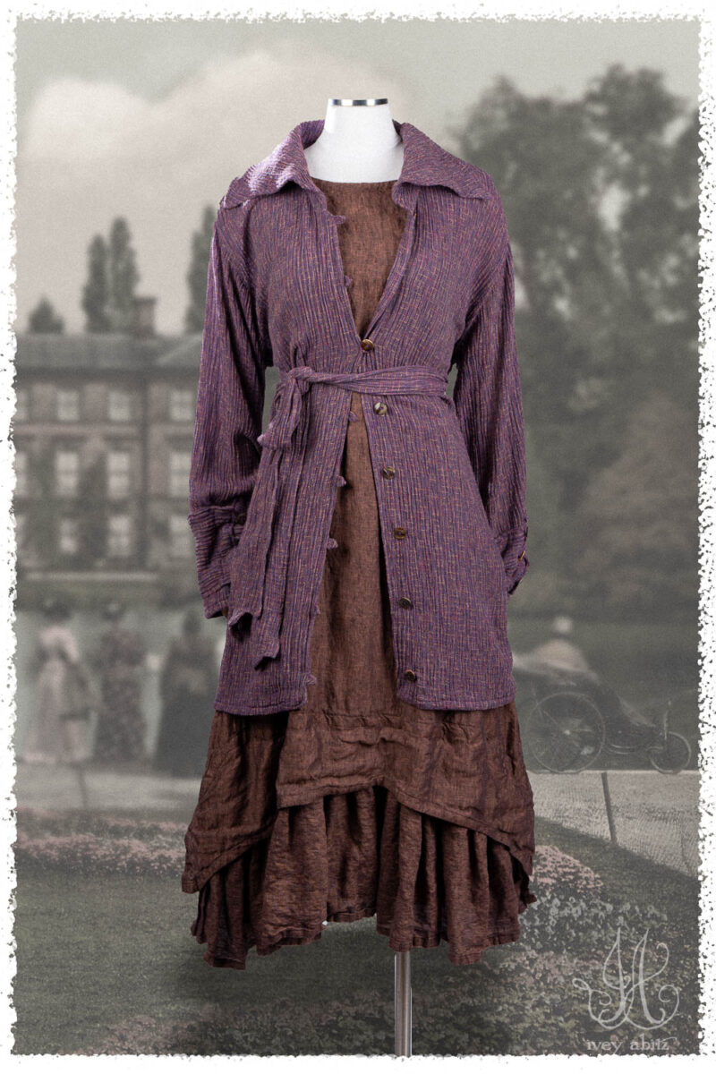 Ivey Abitz Summer 2025 Look 49 Pierrepont Shirt in Lavender Variegated Crinkled Weave; Blanchefleur Frock in Voyage Washed Weave.