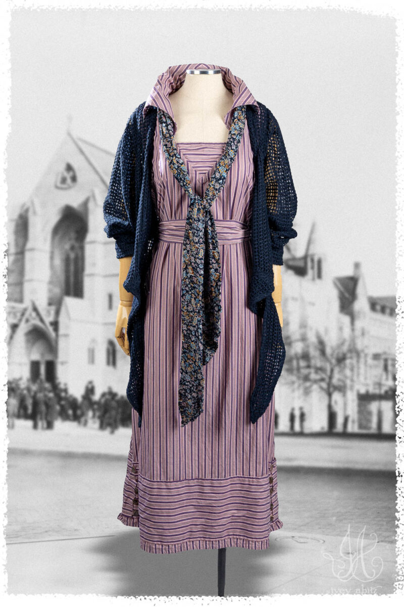 Ivey Abitz Summer 2025 Look 51 Wright Cardigan in Seaside Open Weave Knit; Viv Frock in Lavender Smart Stripe Weave; Fairholme Sash in Voyage Floral Crinkled Chiffon; Cilla Slip Frock in Everyday Ribbed Knit.