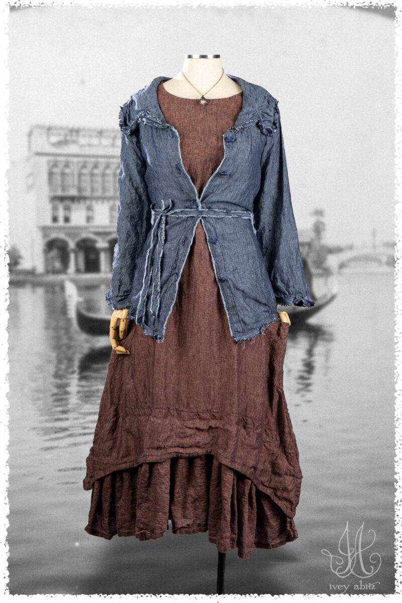 Ivey Abitz Summer 2025 Look 52 Celia Shirt in Seaside Washed Weave; Blanchefleur Frock in Voyage Washed Weave.