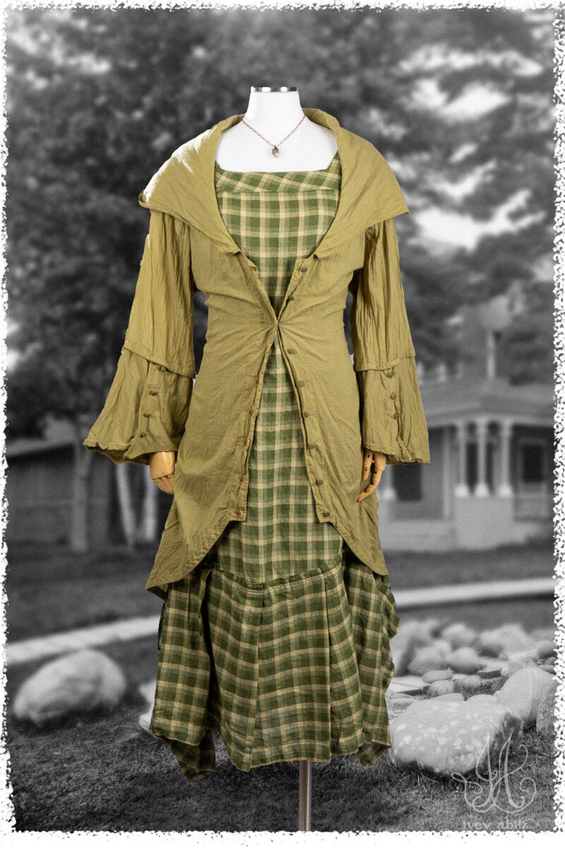 Ivey Abitz Summer 2025 Look 6 Henrietta Duster Coat in Garden Washed Voile; Morris Frock in Garden Washed Plaid; Cilla Slip Frock in Everyday Ribbed Knit; Nouvelle Necklace. The Hay Cottage, Wequetonsing, Harbor Springs, MI.