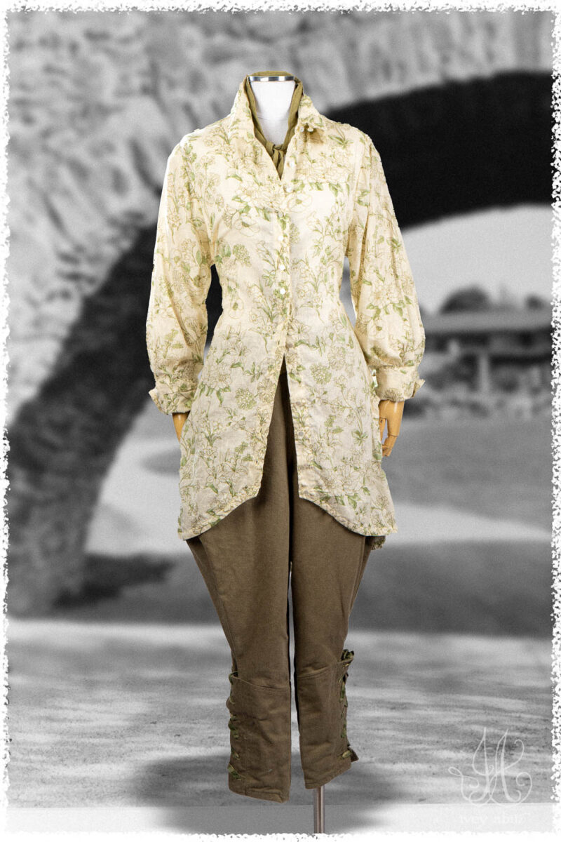 Ivey Abitz Summer 2025 Look 9 Truitt Shirt Jacket in Garden Floral Washed Weave; Fitz Necktie in Garden Washed Voile; Chevallier Trousers in Garden Ribbed Washed Twill.