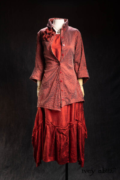 Highlands Shirt in Ruby Embroidered Stripe Silk; Bonheur Brooch in Ruby Scultped Felt; Fairholme Frock in Ruby Washed Textured Silk; Nouvelle Necklace. - Bespoke clothing by Ivey Abitz.