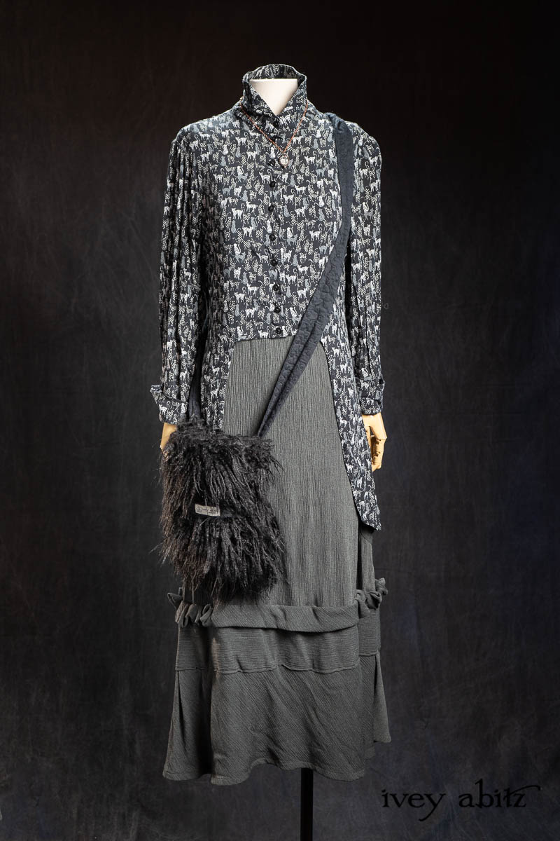 Pemberley Shirt in Black Diamond Cool Cat Weave; Voyage Satchel in Black Diamond Faux Fur; Hudson Frock in Olive Quartz Crinkled Weave; Nouvelle Necklace. - Bespoke clothing by Ivey Abitz.
